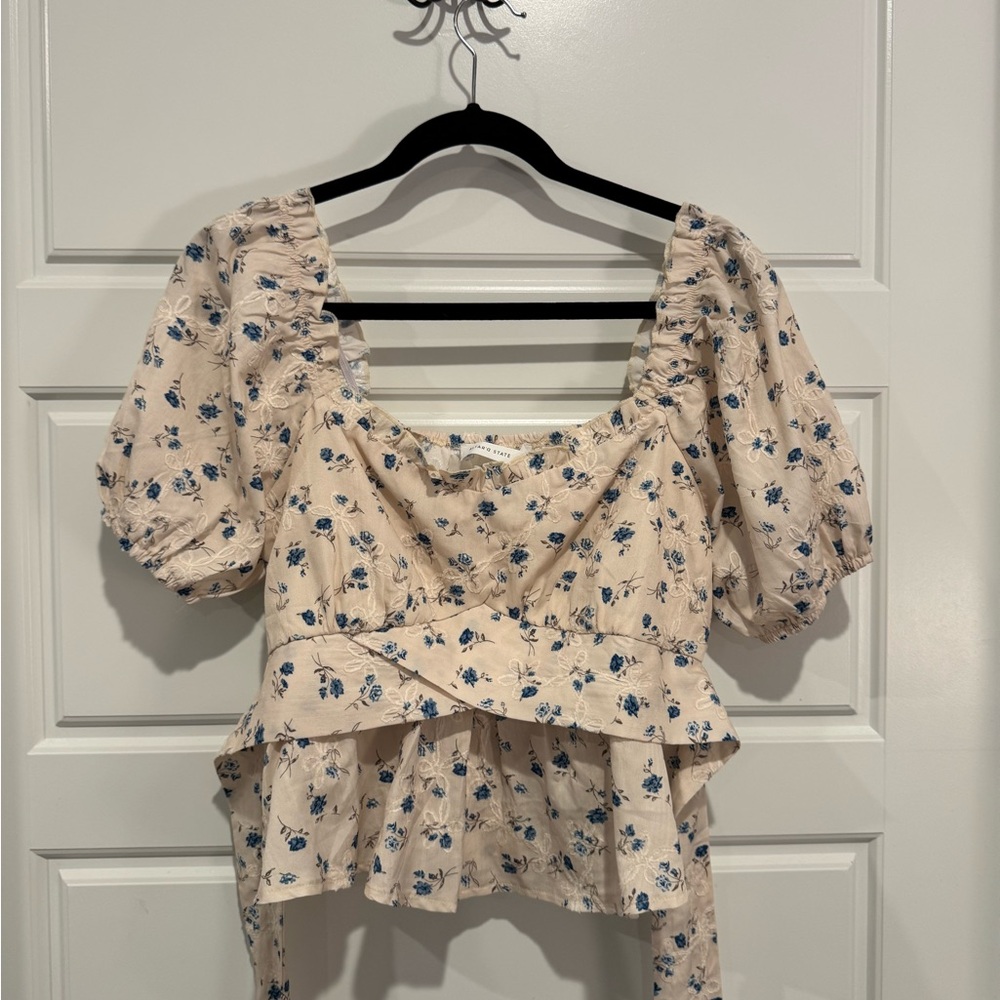 Altar'd State Cream and Blue Floral Blouse